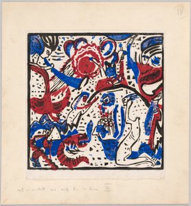 Holzschnitt nach dem Hinterglasbild "Große Auferstehung" (Probedruck mit Anweisungen für Kandinskys Buch "Klänge" (1912), S. 97) von Wassily Kandinsky