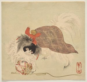 Japanischer Chin-Hund in einem lila Umhang, spielt mit einem Seidenfadenball von Watanabe Kazan