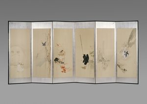 Klappschirm: Blumen der zwölf Monate, ca. 1900 (Tinte & Farbe auf Papier) von Watanabe Seitei