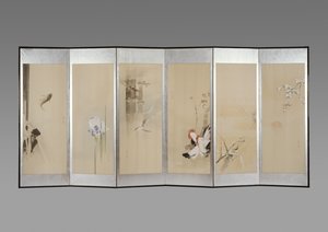 Paar Klappschirme: Blumen der zwölf Monate, ca. 1900 (Tinte & Farbe auf Papier) von Watanabe Seitei