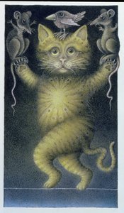 Katze auf einem Seil, balancierend mit Vogel und Mäusen