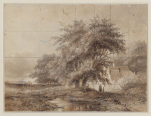 Landschaft mit rechts unter den Bäumen einem Bauernhof, davor eine Frau und ein Kind
