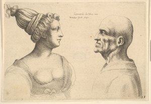 Eine Frau mit zurückgebundenem Haar und ein kahler Mann, die sich gegenüberstehen, 1645