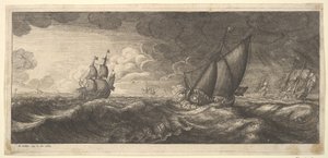 Eine Yacht und drei Kriegsschiffe in einem Sturm, 1665