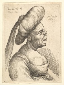 Büste einer Frau mit weit geöffnetem Mund und nach oben gedrehter Nase, die einen großen flachen Turban trägt, 1665