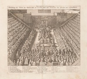 Darstellung der Parlamentssitzung von London zur Verurteilung des Earl of Stafford, ca. 1642