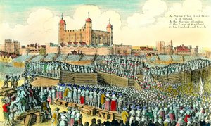 Erste Englische Revolution: Hinrichtung des englischen Politikers Thomas Wentworth de Strafford am 12.05.1641 in Tower Hill, London (Gravur von Wenceslaus Hollar)