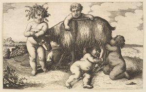 Vier Jungen, ein junger Satyr und eine Ziege, Kopie in Umkehrung, 17. Jahrhundert