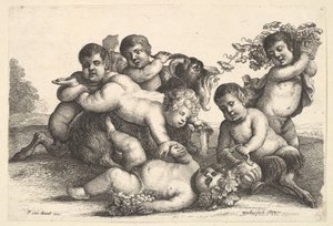 Vier Jungen, zwei Satyrn und eine Ziege