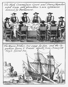 Mitglieder der Sternkammer; Königin Henrietta Maria segelt von England von Wenceslaus Hollar