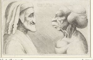 Missgestaltete Karikaturköpfe eines Mannes mit Mütze (Dante?) und einer Frau von Wenceslaus Hollar