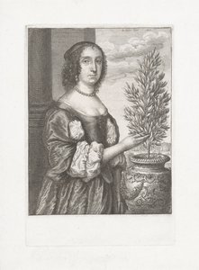 Porträt einer stehenden Frau neben einem Lorbeerbaum