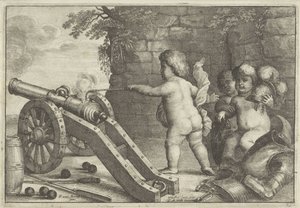 Putti feuern eine Kanone ab: Das Element Feuer von Wenceslaus Hollar
