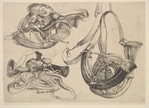 Sieben Jagdhörner in drei Gruppen von Wenceslaus Hollar
