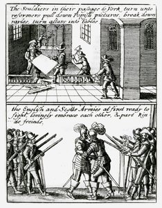 Soldaten zerstören religiöse Bilder in einer Kirche; englische und schottische Soldaten umarmen sich von Wenceslaus Hollar