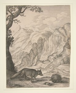 Der Fuchs und das Stachelschwein, aus dem Buch „Aesopica: Oder eine zweite Sammlung von Fabeln, in Versen paraphrasiert, mit Skulpturen geschmückt und mit Anmerkungen von John Ogilby illustriert“ (London: Gedruckt von Thomas Roycroft, 1668) von Wenceslaus Hollar