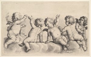 Drei Putten und zwei Jungen auf Wolken, 1620-77 von Wenceslaus Hollar