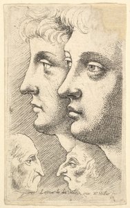 Zwei Jugendliche im Profil mit zwei grotesken Köpfen darunter von Wenceslaus Hollar