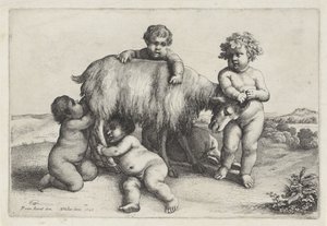 Vier Jungen, ein Satyr und eine Ziege nach rechts stehend, Putti und Satyrn (Serientitel) von Wenceslaus Hollar