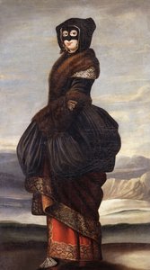 Winter: Eine Dame, ganzfigurig, in exotischem Kostüm, mit Maske, in einer Landschaft von Wenceslaus Hollar