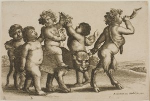 Junger Bacchus reitet auf einem Leoparden, geführt von einem Satyr, der ein Horn bläst von Wenceslaus Hollar