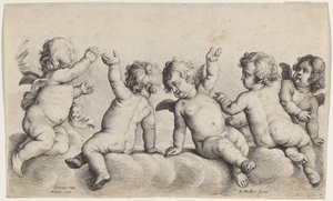 Drei Engel und zwei Jungen auf Wolken von Wenceslaus Hollar, after Peeter van Avont