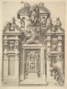 Entwurf für eine architektonische Struktur mit Jagdmotiv, Platte 74 aus Dietterlins Ar..., 1598 von Wendel Dietterlin the Elder