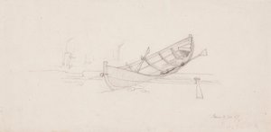 Ruderboot auf einen Baumstamm an Land gezogen von Werner Holmberg