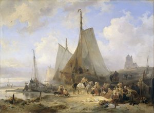 Fischerboote am Strand mit Fischern und Frauen, die den Fang sortieren von Wijnand Nuijen