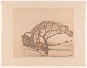 Häuser, Baum am Teich und Frauen mit Wasserkrügen auf dem Kopf
