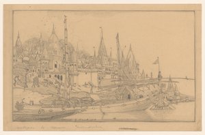 Flussufer mit Schiffen in Benares von Wijnand Otto Jan Nieuwenkamp