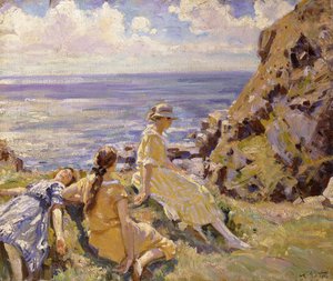 Die Nichten des Künstlers auf den Klippen bei Frying Pan, Cadgwith, Cornwall von Wilfred Gabriel de Glehn