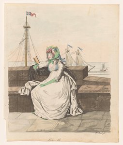 Lesende Frau an einem Kai, Segelschiffe im Hintergrund von Wilhelm Arndt