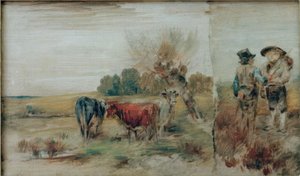 Doppelbild: Kühe auf der Weide, zwei Bauern im Gespräch von Wilhelm Busch