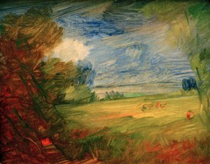 Hügelige Wiesenlandschaft mit roter Figur von Wilhelm Busch