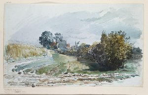 Weg zwischen Kornfeld und Sträuchern mit Katen im Hintergrund von Wilhelm Busch