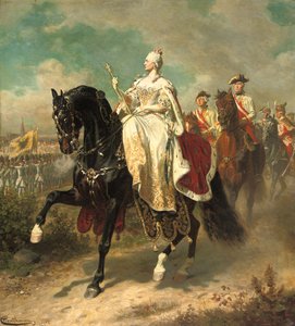 Kaiserin Maria Theresia zu Pferd inspiziert österreichische Truppen, 1884