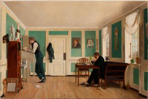 Innenraum von Amaliegade, Kapitän Carl Ludvig Bendz stehend und Dr. Jacob Christian Bendz sitzend von Wilhelm Ferdinand Bendz