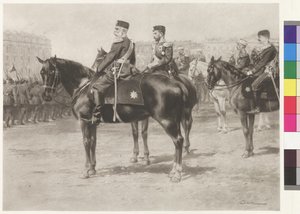 Kaiser Franz Joseph I und Zar Nikolaus II bei der Parade auf dem Champ-de-Mars in St. Petersburg