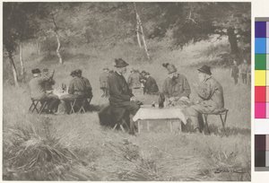 Jagdgesellschaft - Kaiser Franz Joseph am Tisch mit Prinz Leopold von Bayern und Großherzog Ferdinand IV. von Toskana von Wilhelm Gause