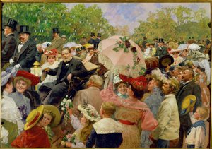 Wiens Bürgermeister Karl Lueger in seiner Kutsche während des Blumenkorsos im Wiener Prater von Wilhelm Gause