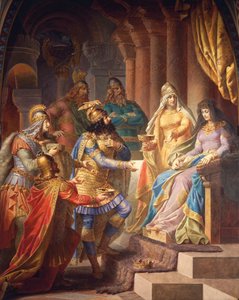Gudrun willigt ein, Attila, den König der Hunnen, zu heiraten, aus der Gudrun-Saga, Obere Halle, ca. 1883-84 von Wilhelm Hauschild