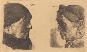 Porträt einer alten Bäuerin im Profil nach rechts und Bäuerin mit geschlossenen Augen