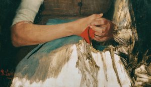 Zwei Hände mit rotem Tuch auf blauer Schürze von Wilhelm Maria Hubertus Leibl