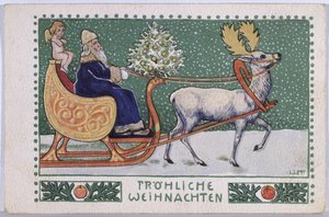 Postkarte mit dem Weihnachtsmann auf seinem Schlitten, ca. 1910