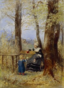 Mutter mit Kind in Frühlingslandschaft