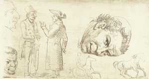Zweites Probedruckblatt in Stylografie mit Mönchskopf, Pferden usw. von Wilhelm Marstrand