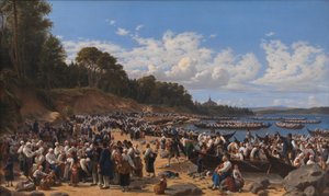 Kirchgänger kommen mit dem Boot zur Pfarrkirche von Leksand am Siljansee, Schweden von Wilhelm Marstrand
