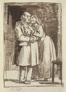 Die schmeichelnde Frau. Eine Frau spricht eindringlich zu ihrem alten Ehemann und hat die Arme um seinen Hals von Wilhelm Marstrand