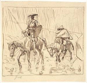 Don Quixote und Sancho Pansa reiten im Platzregen